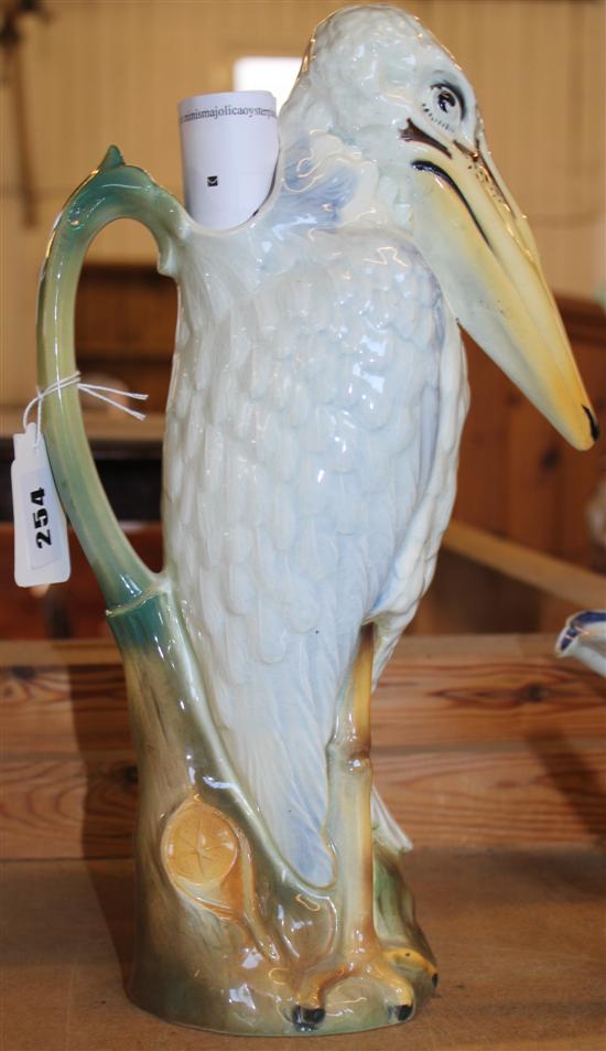 French majolica stork jug, by Keller & Guerin